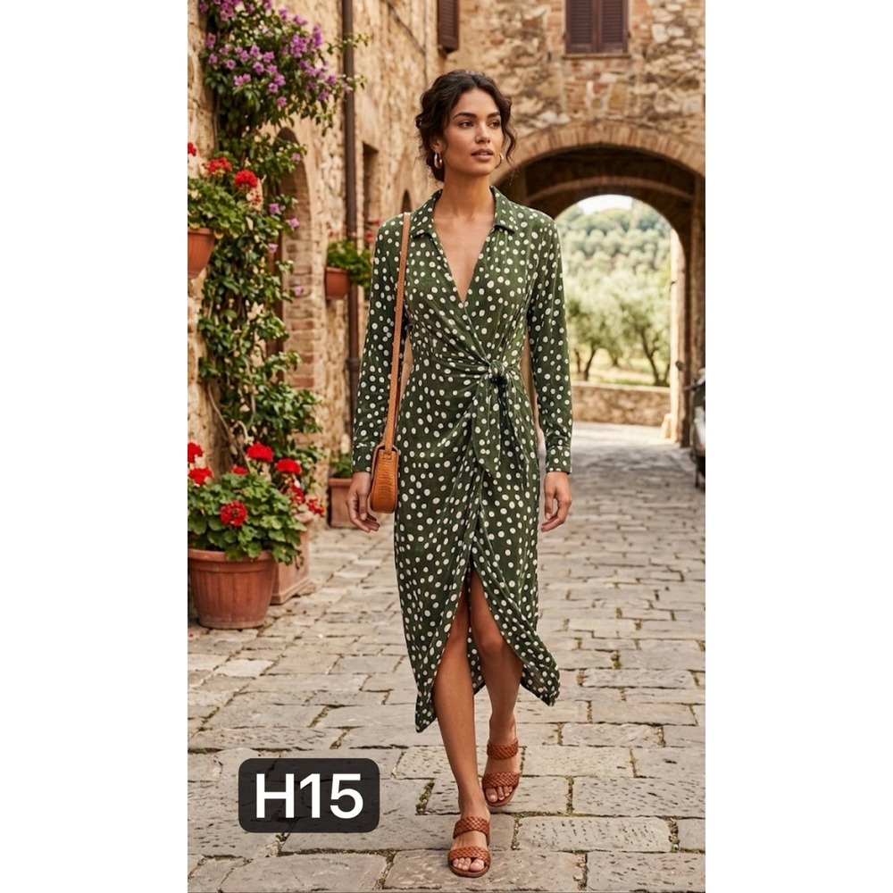 Velvet by Graham Spencer Olive Green Polka Dot Faux Wrap Midi Dress Small